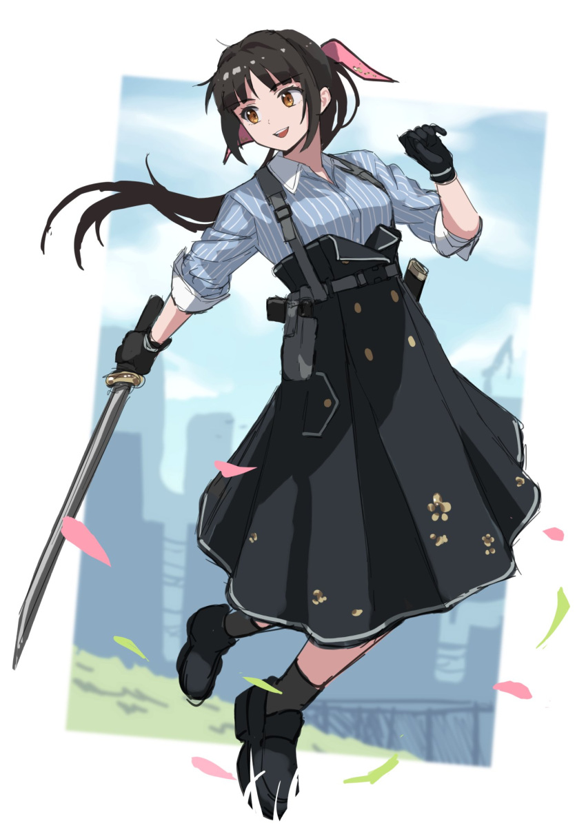 1girl, black_footwear, black_gloves, black_hair, black_skirt, black_socks, brown_eyes, cherry_blossoms