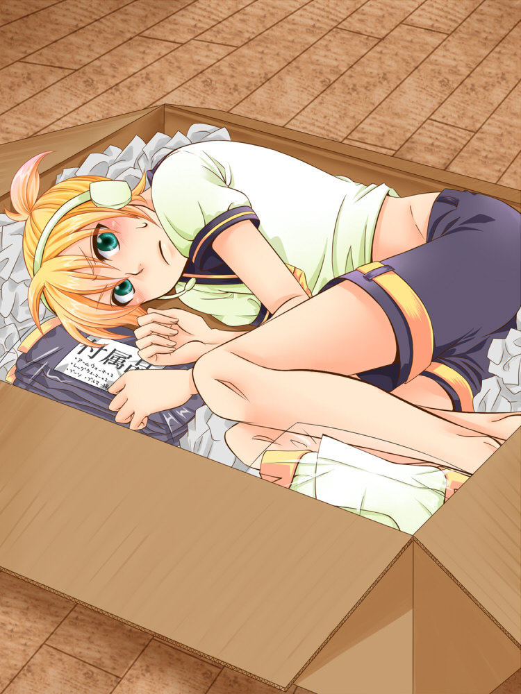 aqua_eyes, barefoot, blonde_hair, blush, box, boy_in_a_box, cardboard_box, fetal_position, hands, headphones, headset, in_box, in_container, kagamine_len, male, neco666, shorts, solo, sweatdrop, vocaloid