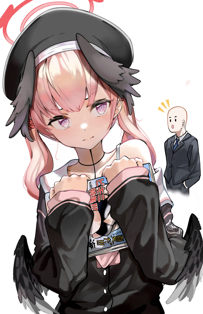 1girl, absurdres, angel_wings, black_headwear, black_serafuku, black_wings, blue_archive, halo