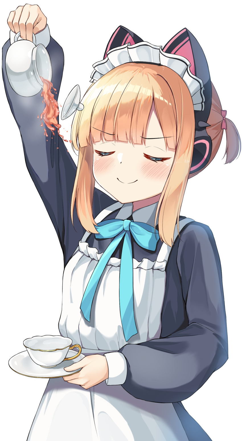 2girls, absurdres, alternate_costume, animal_ear_headphones, animal_ears, apron, aqua_ribbon, black_dress