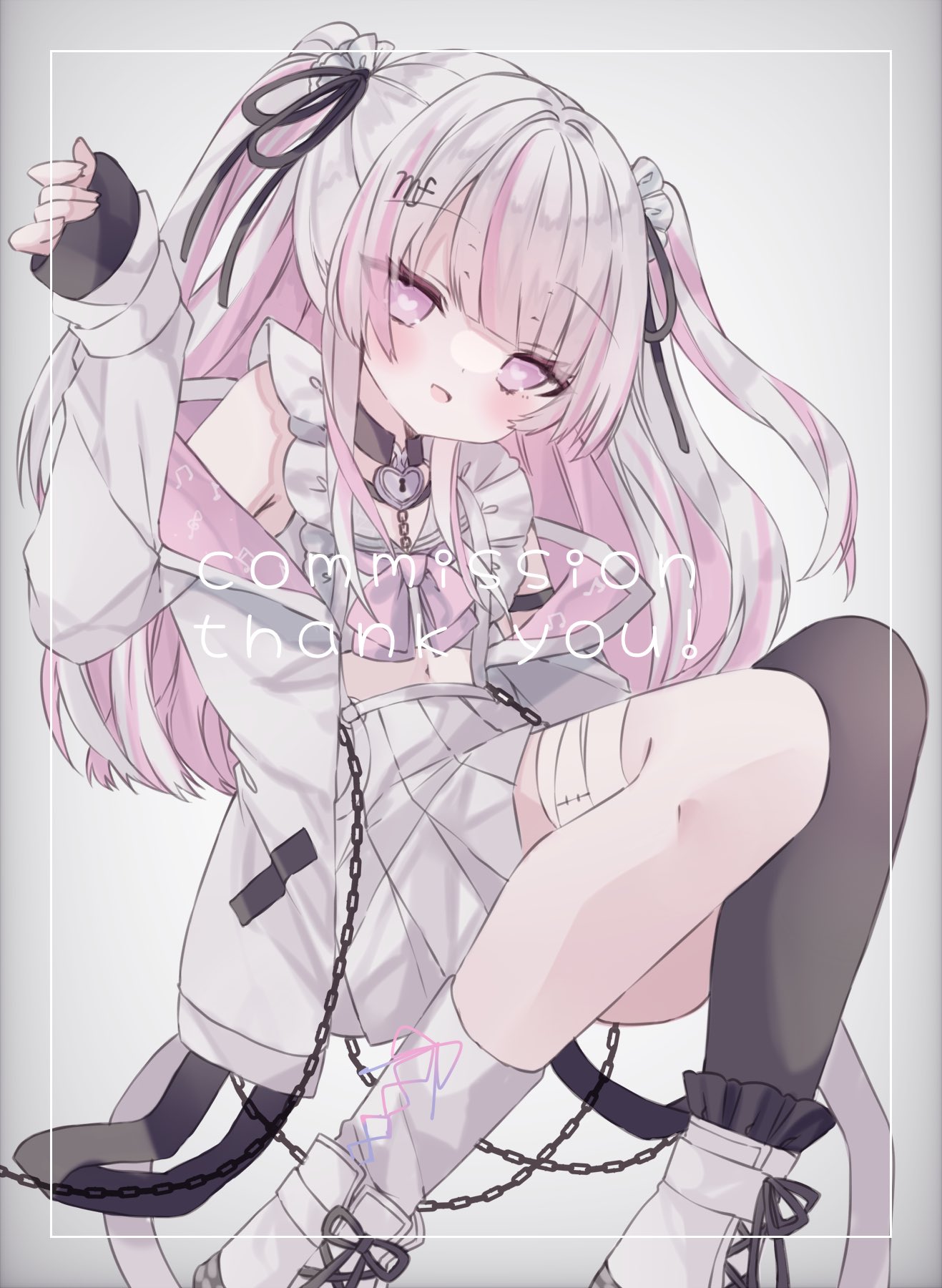 1girl, black_choker, black_ribbon, blush, choker, commentary, commission, crop_top