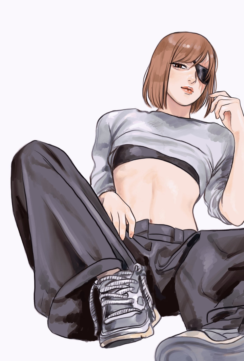 1girl, baggy_pants, black_bra, black_pants, bob_cut, bra, brown_hair, crop_top