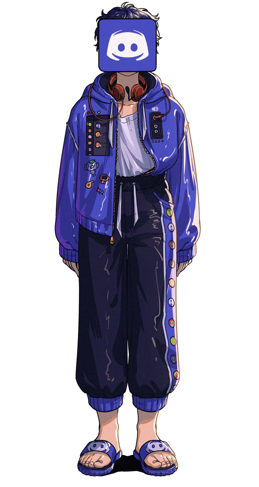 1boy, absurdres, androgynous, arms_at_sides, audio_jack, black_hair, black_pants, blue_footwear