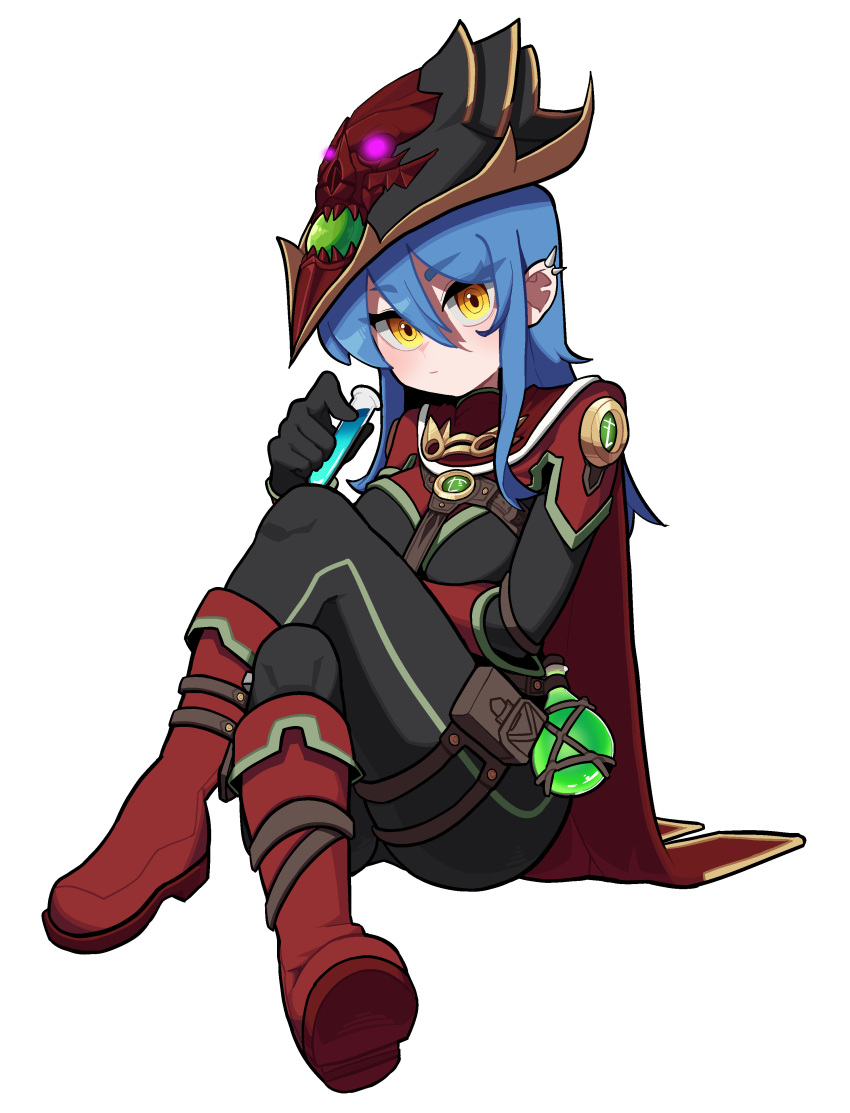 1girl, absurdres, armor, black_gloves, blue_hair, boot_knife, boots, breasts