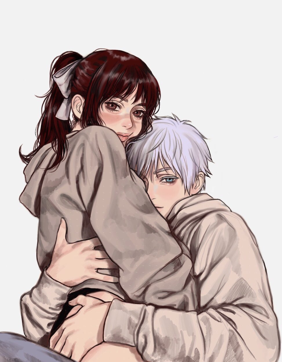 1boy, 1girl, arm_around_waist, black_panties, blue_eyes, brown_eyes, brown_hair, cheek_press