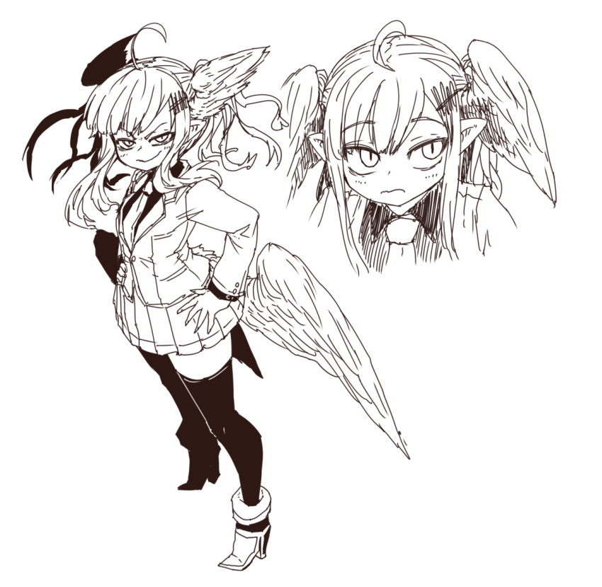 1girl, ahoge, angel, angel_wings, aohada_bocchi, black_shirt, brown_theme, feathered_wings