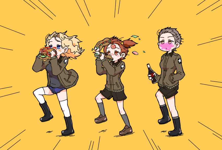 3girls, 7654_dog, alisa_(girls_und_panzer), blonde_hair, boots, bottle, burger, chewing_gum