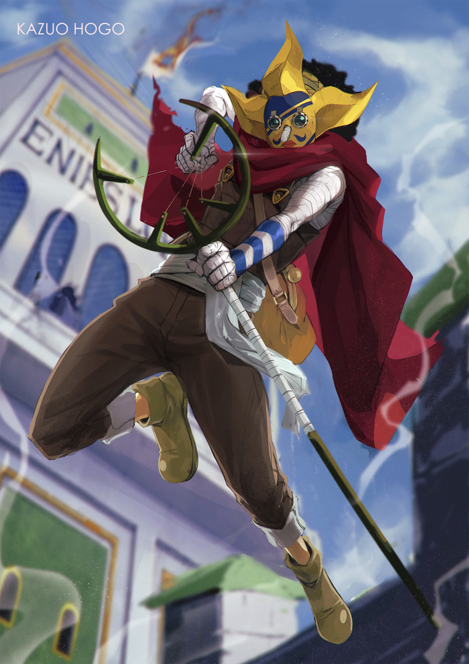 1boy, artist_name, bandages, black_hair, cape, cloak, flag, full_body, highres, holding, holding_weapon, kazuo_hogo, long_nose, male_focus, mask, one_piece, red_cape, slingshot, sogeking, solo, weapon