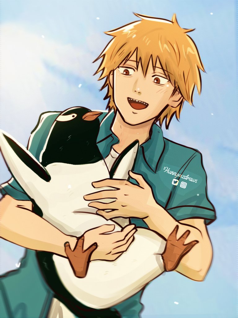 1boy, :d, \o/, animal, arms_up, bird, blonde_hair, blue_background