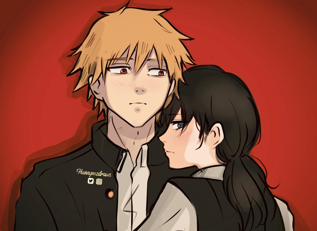 1boy, 1girl, black_hair, blonde_hair, blush, chainsaw_man, denji_(chainsaw_man), hetero
