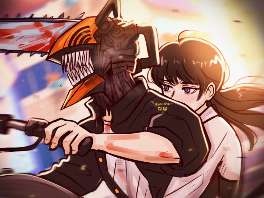 1boy, 1girl, arms_around_waist, black_hair, blood, blood_on_clothes, blood_stain, blurry