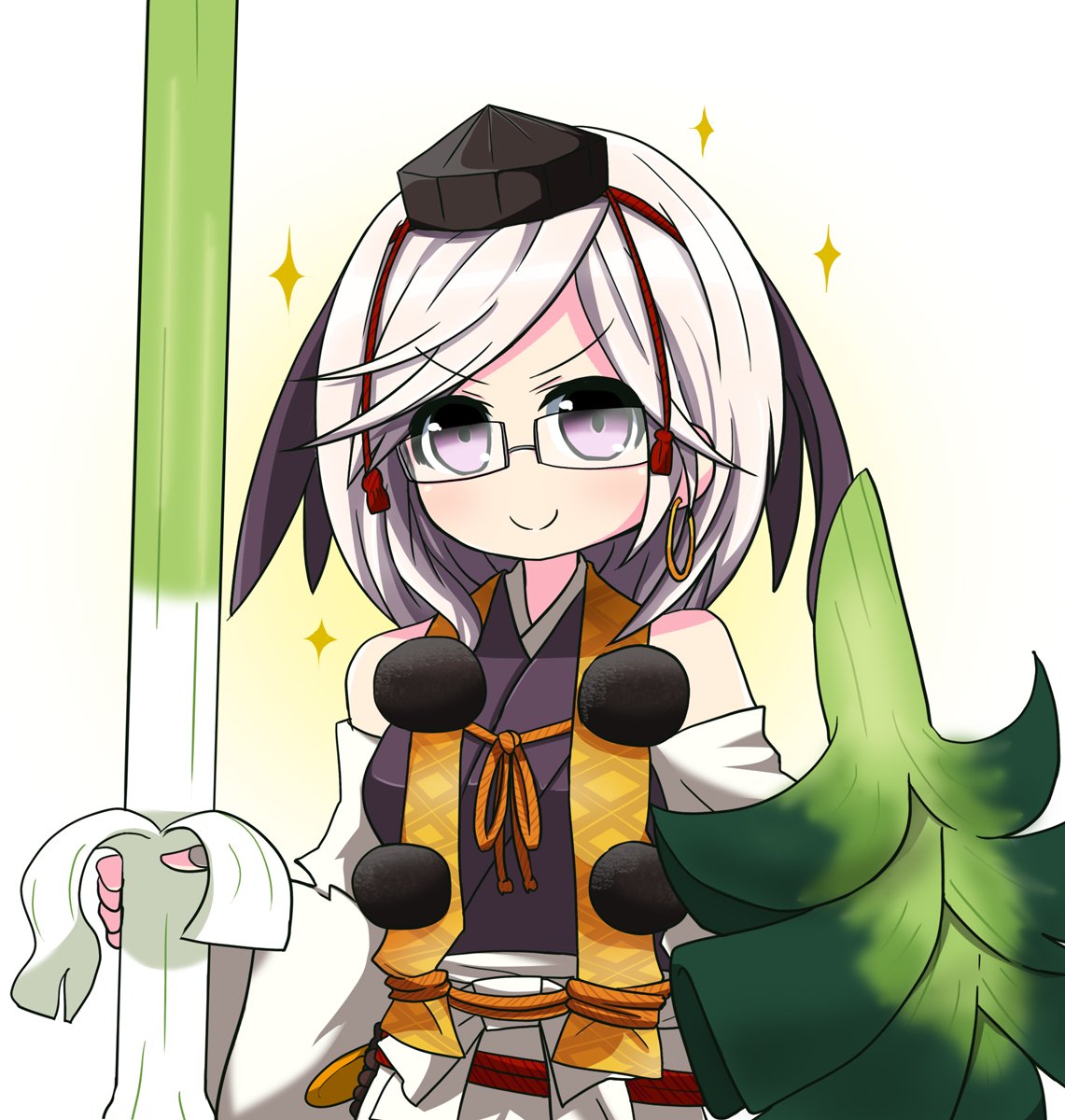 1girl, bare_shoulders, closed_mouth, detached_sleeves, earrings, food, glasses, hat