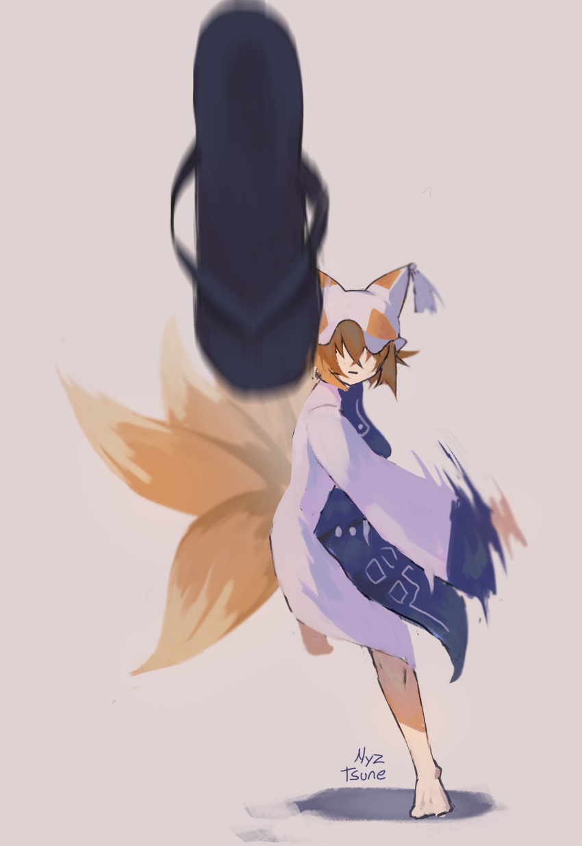 1girl, absurdres, animal_hat, barefoot, blonde_hair, breasts, dress, fox_tail