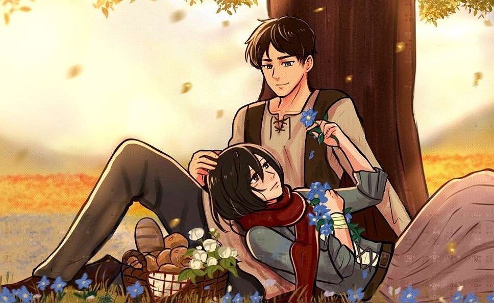 1boy, 1girl, belt, black_hair, blue_flower, bread, brown_hair, cross-laced_clothes