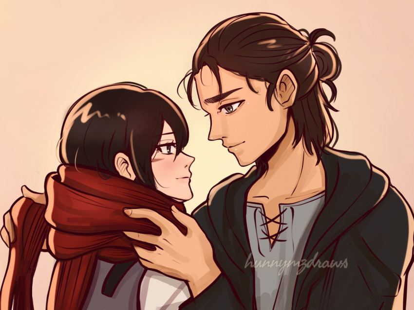 1boy, 1girl, black_eyes, black_hair, brown_hair, eren_yeager, from_side, hair_between_eyes