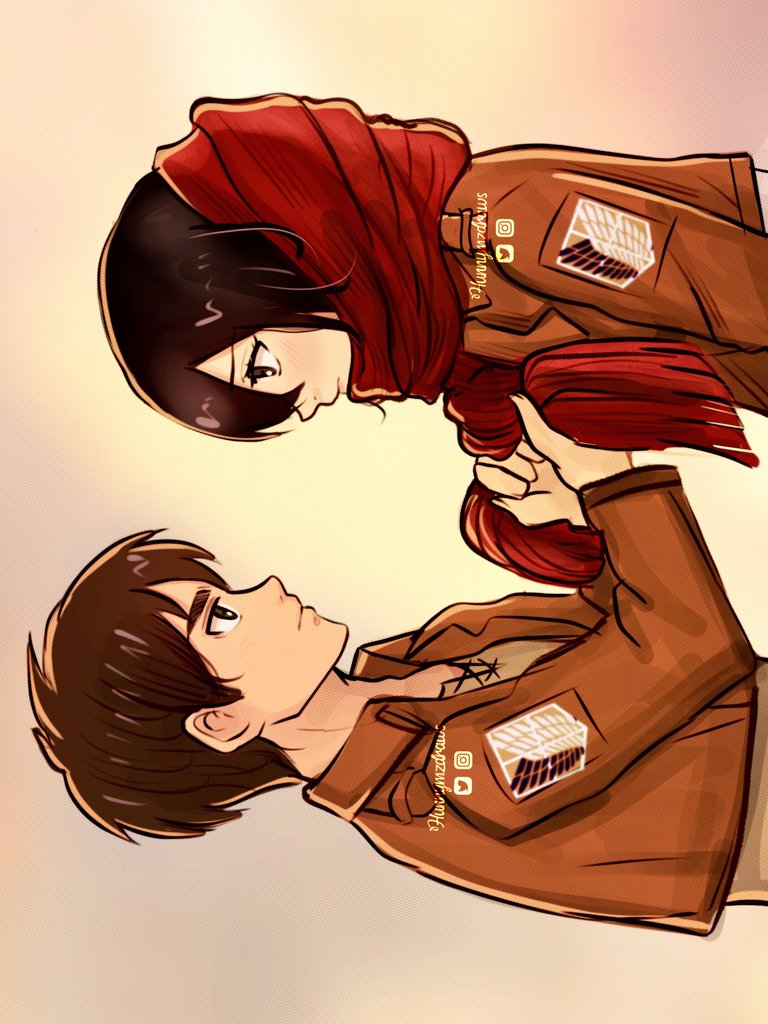 1boy, 1girl, black_eyes, black_hair, brown_hair, eren_yeager, from_side, hair_between_eyes