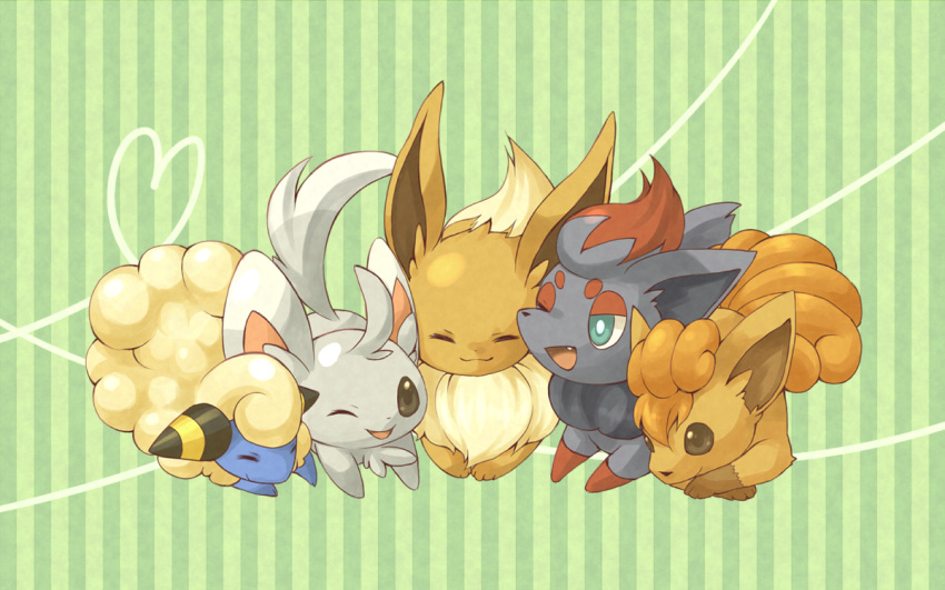 amarisu, eevee, heart, heart_of_string, mareep, minccino, no_humans, pokemon, pokemon_(creature), pokemon_(game), pokemon_black_and_white, pokemon_bw, vulpix, zorua