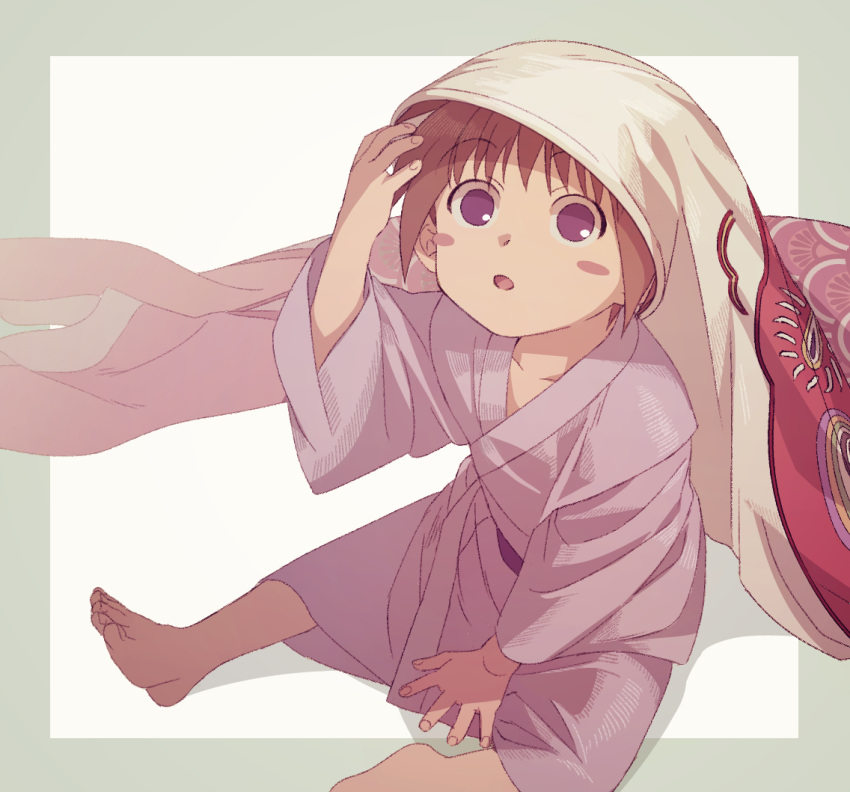 1boy, aged_down, barefoot, brown_hair, child, feet_out_of_frame, from_above, hand_on_own_head