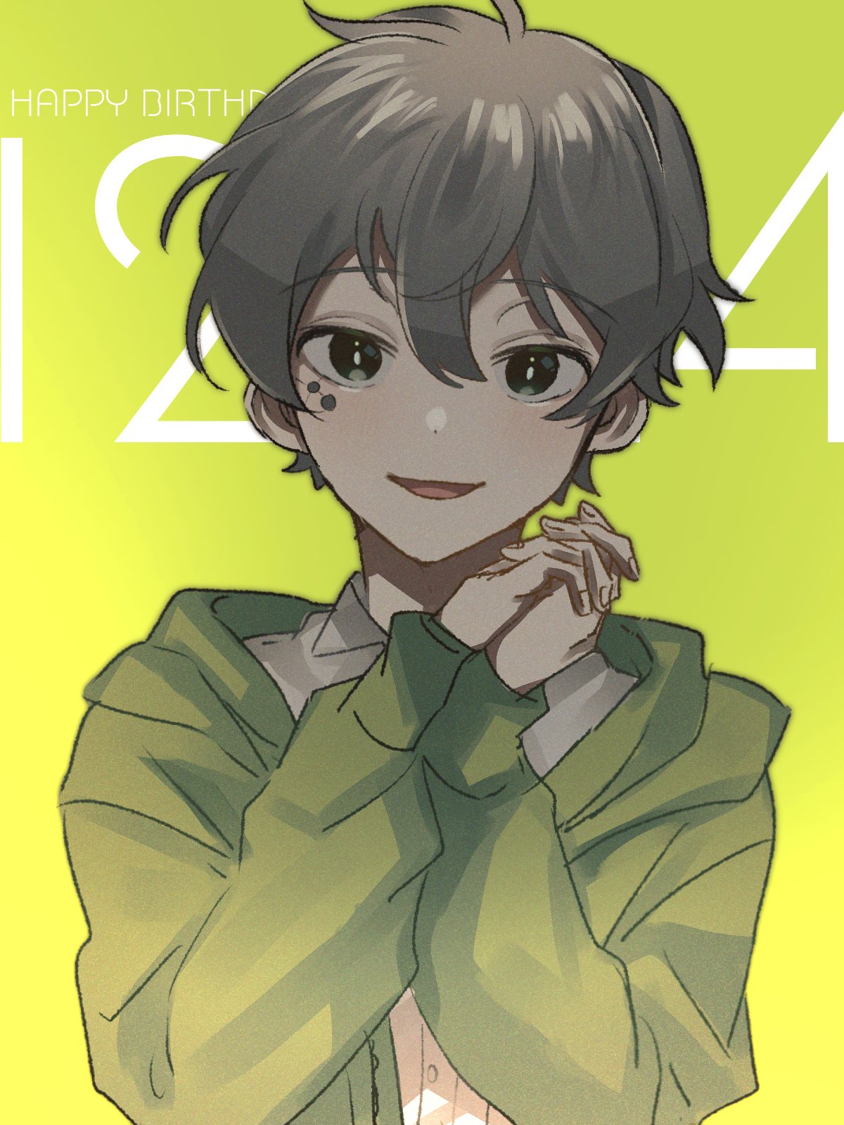 1boy, ahoge, black_eyes, black_hair, bright_pupils, cardigan, collared_shirt, commentary