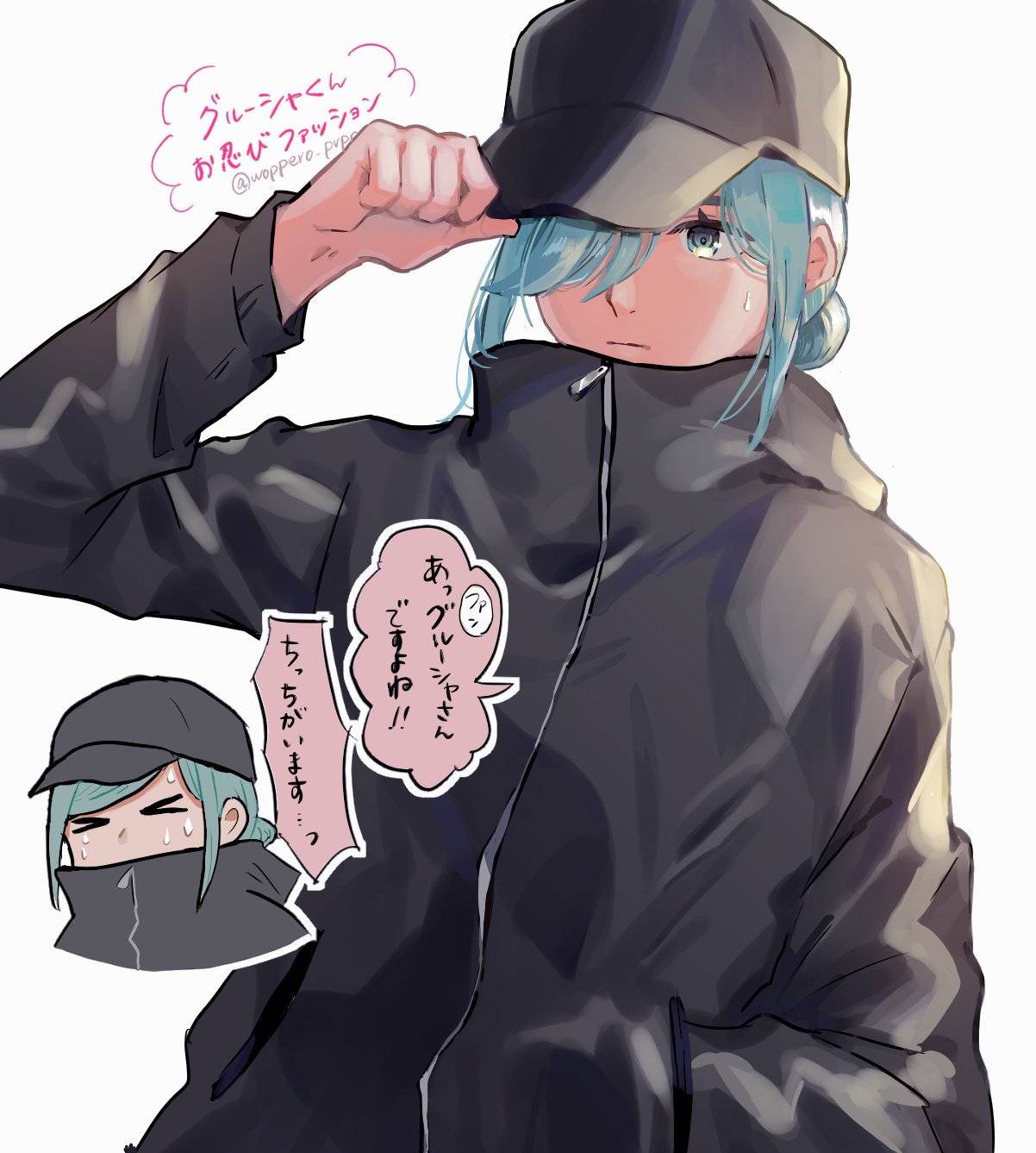 1boy, alternate_hairstyle, aqua_eyes, aqua_hair, baseball_cap, black_headwear, black_jacket, disguise