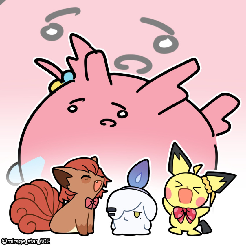 >_<, animalization, blush_stickers, bocchi_the_rock!, commentary_request, corsola, crossover, gotoh_hitori, hair_over_one_eye, highres, ijichi_nijika, kita_ikuyo, litwick, mirage_star_602, mixed-language_commentary, mole, mole_under_eye, pichu, pokemon, pokemon_(creature), smile, twitter_username, vulpix, yamada_ryo, zoom_layer