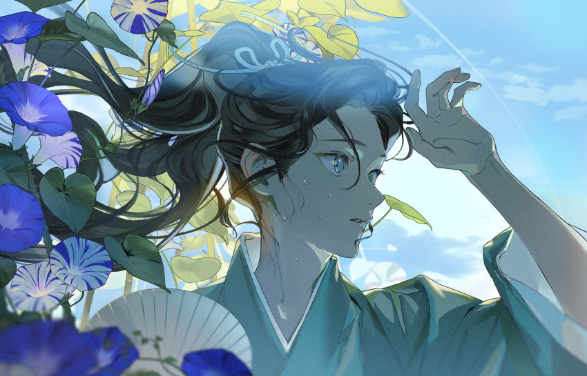 1boy, absurdres, aqua_eyes, aqua_kimono, black_hair, blue_eyes, blue_flower, blue_sky