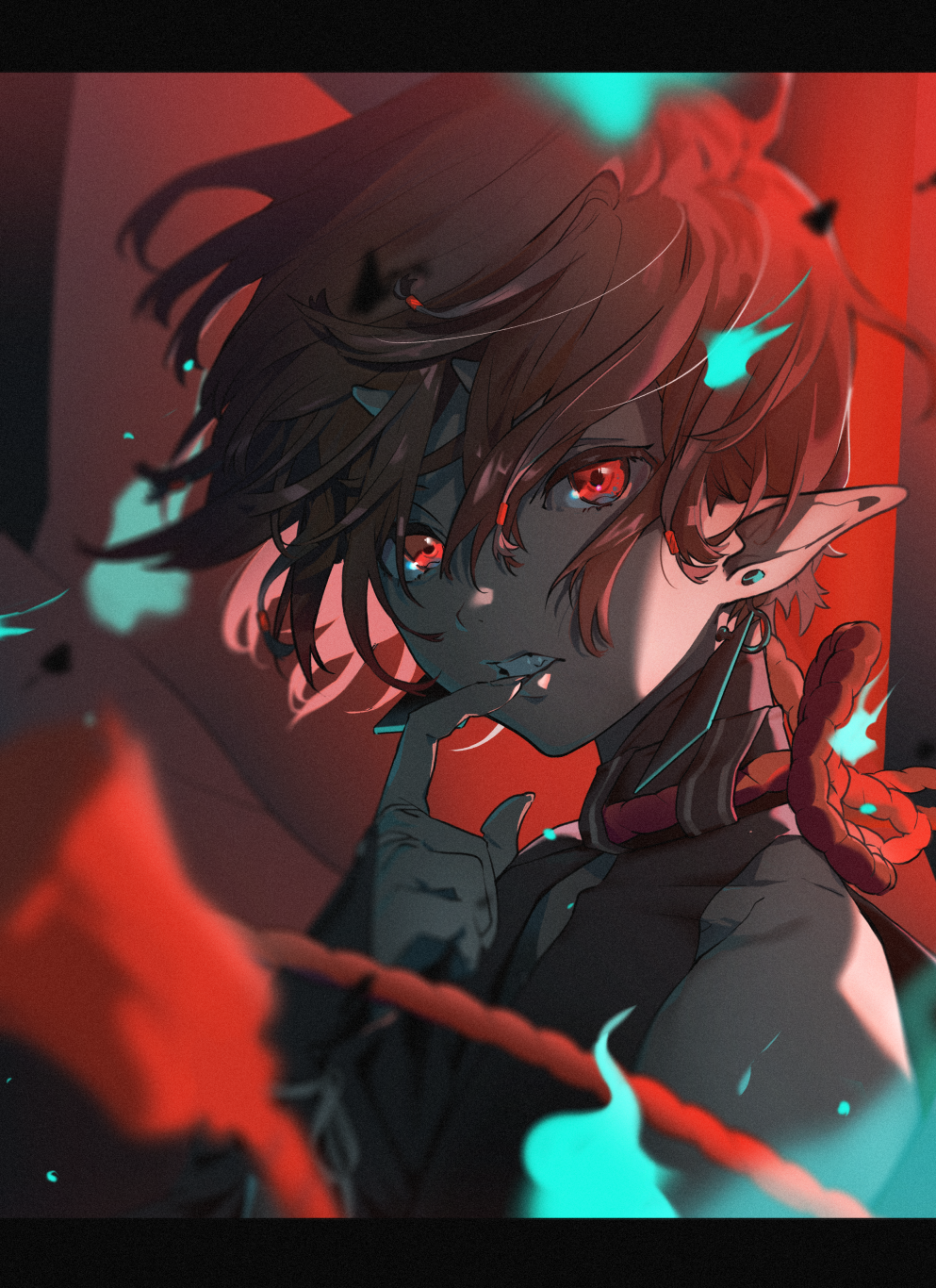 1boy, androgynous, aqua_fire, bare_shoulders, blurry, clenched_teeth, covered_collarbone, demon_boy, depth_of_field, earrings, finger_to_mouth, floating_hair, hair_between_eyes, hair_tubes, hand_up, haruno_taku, highres, horns, jewelry, letterboxed, looking_at_viewer, male_focus, motion_blur, oni, oni_horns, original, red_background, red_eyes, red_theme, redhead, rope, short_hair, sleeves_past_wrists, solo, teeth, upper_body, will-o'-the-wisp_(mythology), wind