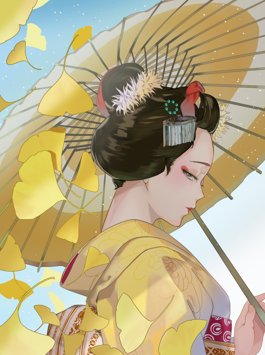 1girl, absurdres, beads, black_eyes, black_hair, blue_sky, closed_mouth, day