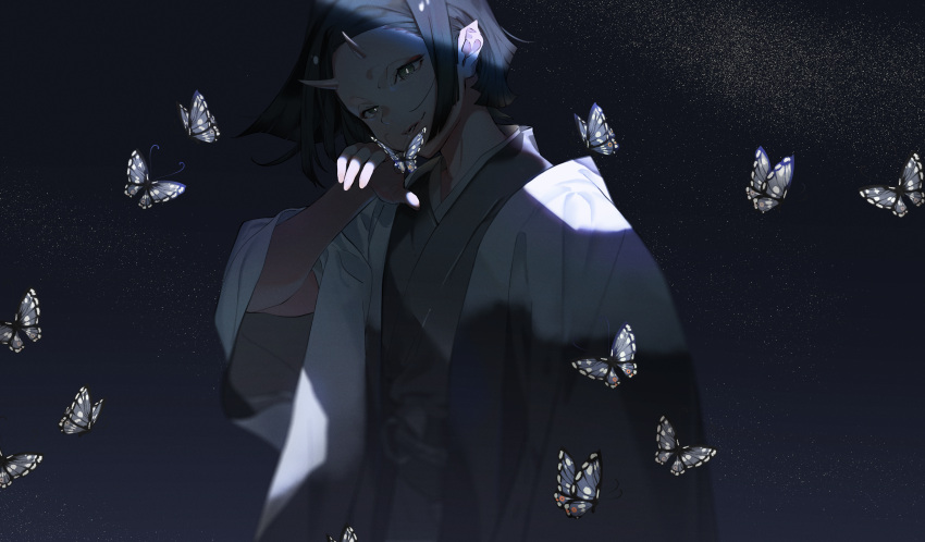 1girl, absurdres, animal, black_eyes, black_hair, bright_pupils, bug, butterfly