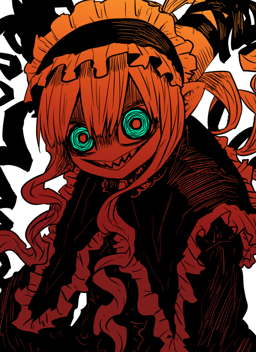 1girl, alternate_eye_color, asymmetrical_horns, black_dress, black_ribbon, blonde_hair, commentary_request, demon_girl, demon_horns, dress, drill_hair, eyebrows_hidden_by_hair, gothic, gothic_lolita, green_eyes, hair_between_eyes, highres, horns, horror_(theme), limited_palette, lolita_fashion, long_dress, looking_at_viewer, musuko_ga_kawaikute_shikatanai_mazoku_no_hahaoya, nightmare_(mazohaha), pointy_ears, ribbon, sharp_teeth, simple_background, solo, teeth, tongue, tongue_out, twintails, white_background, white_horns, zyugoya