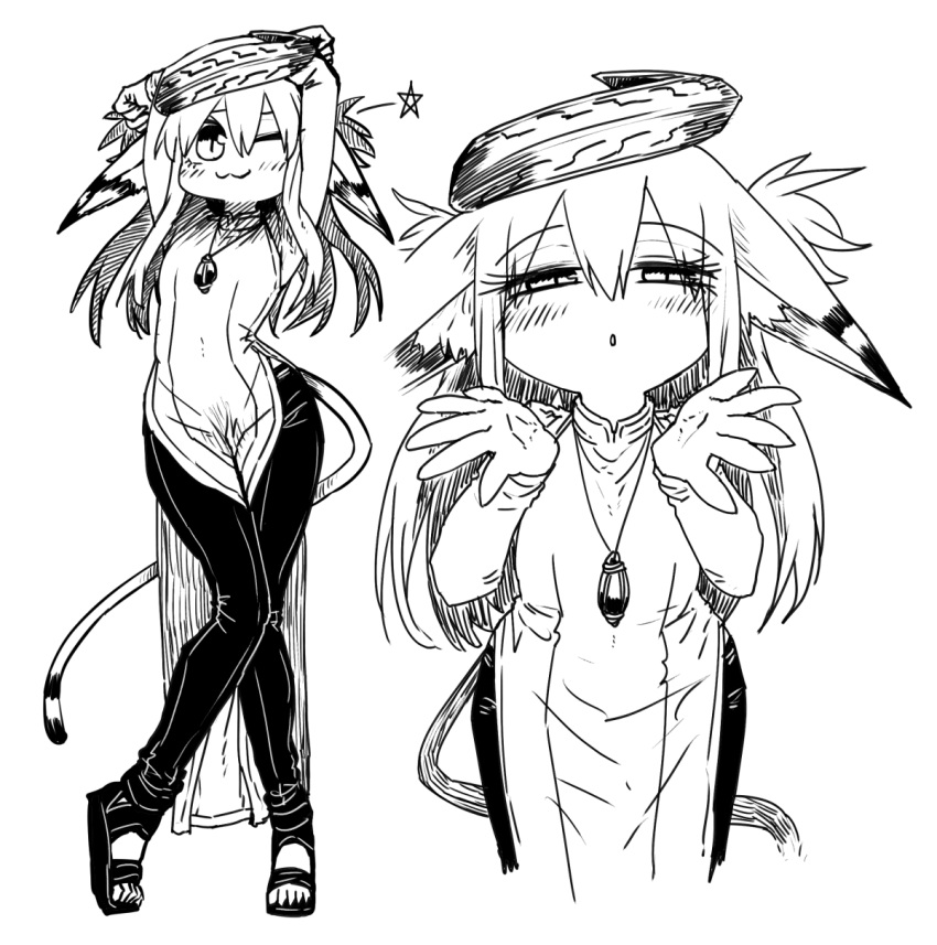 1girl, :3, animal_ears, arms_on_head, black_pants, blowing_kiss, blue_eyes, byakuren_(mazohana)