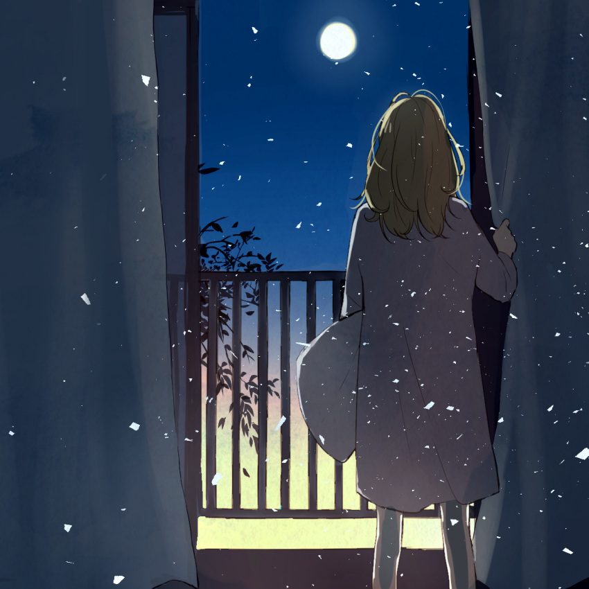 1girl, brown_hair, chiri_yo, curtain_grab, curtains, facing_away, full_moon, highres, holding, holding_pillow, light_particles, long_hair, moon, night, nightgown, original, pillow, railing, sliding_doors, solo, standing, white_nightgown