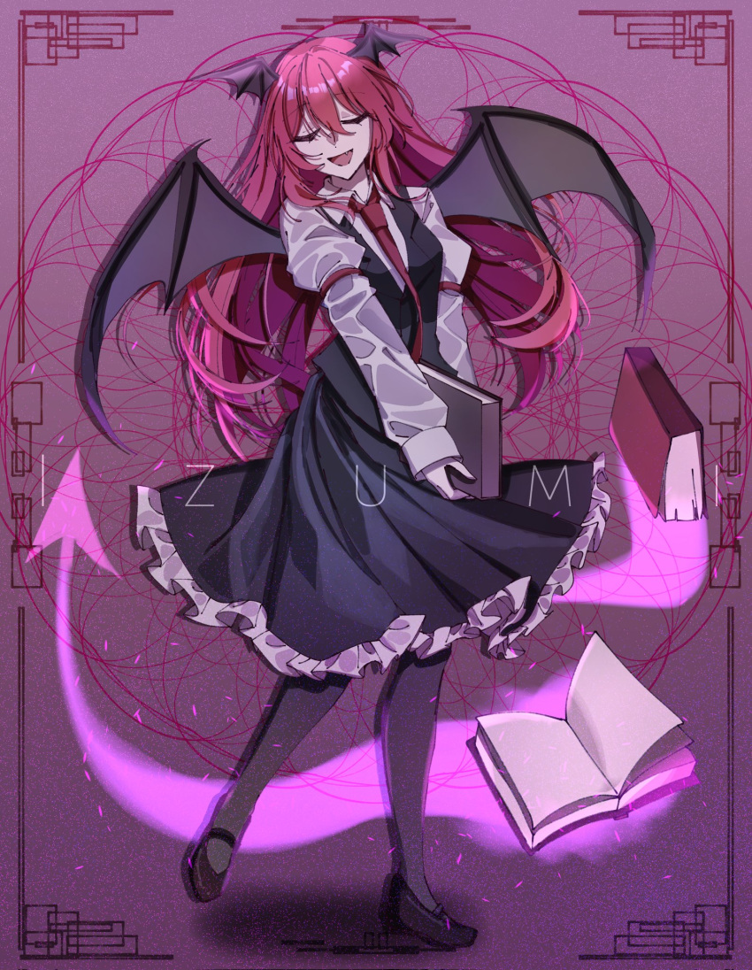1girl, black_footwear, black_pantyhose, black_skirt, black_vest, black_wings, book, breasts