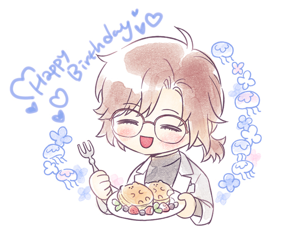 1girl, blush, brown_hair, closed_eyes, commentary_request, cropped_torso, eoduun_badaui_deungbul-i_doeeo, food, fork, glasses, happy_birthday, holding, holding_food, holding_fork, holding_plate, jellyfish, korean_commentary, lab_coat, open_mouth, over-rim_eyewear, p1rorin9, pancake, plate, ponytail, semi-rimless_eyewear, short_ponytail, simple_background, smile, solo, upper_body, white_background, yu_geum-i