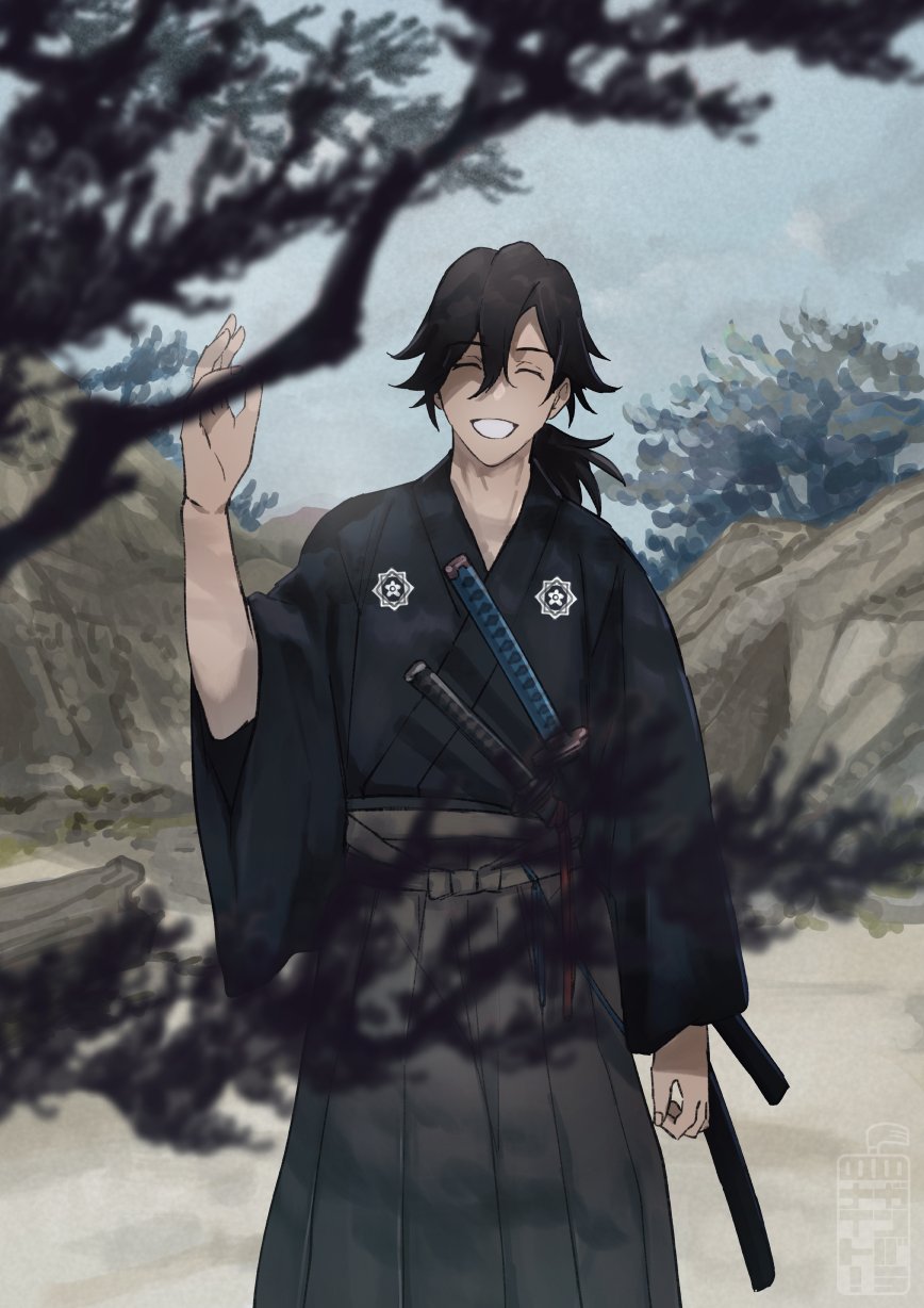 1boy, :d, ^_^, black_hair, black_kimono, blurry, blurry_foreground, closed_eyes