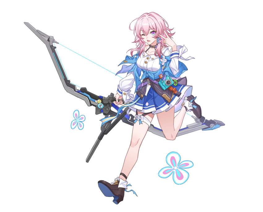 1girl, absurdres, ankle_boots, black_choker, black_footwear, blue_skirt, boots, bow_(weapon)
