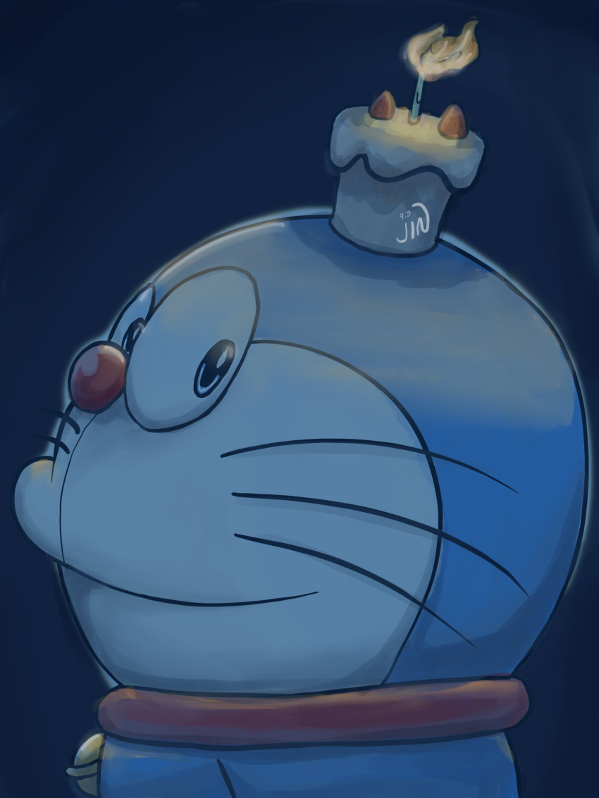 bell, blue_background, blue_eyes, candle, cat, collar, cupcake, doraemon, doraemon_(character), food, fruit, fujiko_f_fujio_(style), furry, furry_male, highres, jingle_bell, jinsuke04, lit_candle, neck_bell, no_humans, red_collar, red_nose, sideways_glance, smile, strawberry, whiskers
