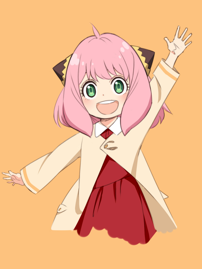 1girl, ahoge, anya_(spy_x_family), arm_up, coat, commentary_request, cropped_torso, female_child