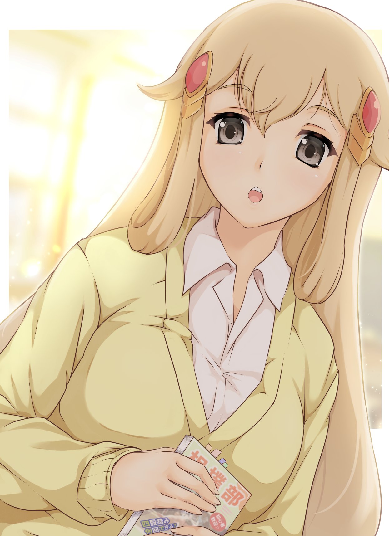 1girl, blurry, blurry_background, book, bookmark, cagasyo, collared_shirt, grey_eyes