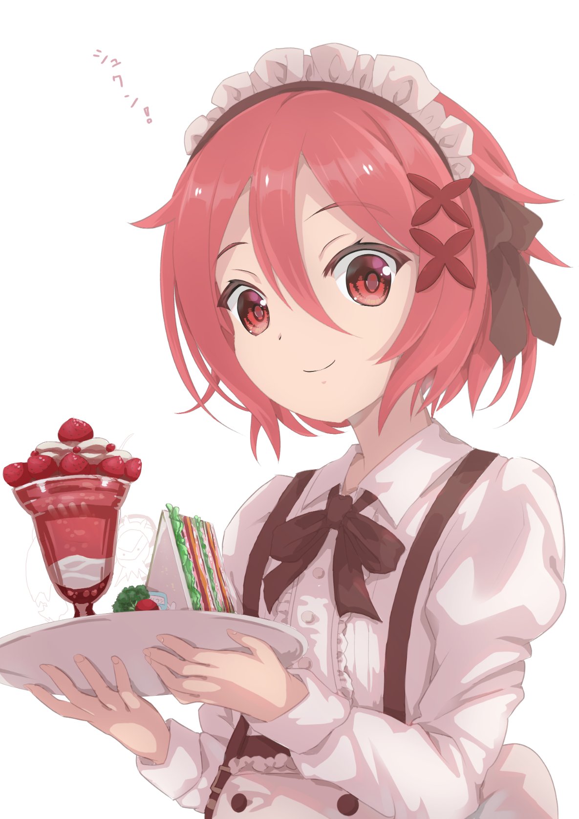 1girl, apron, black_ribbon, cagasyo, closed_mouth, collared_shirt, food, hair_ornament
