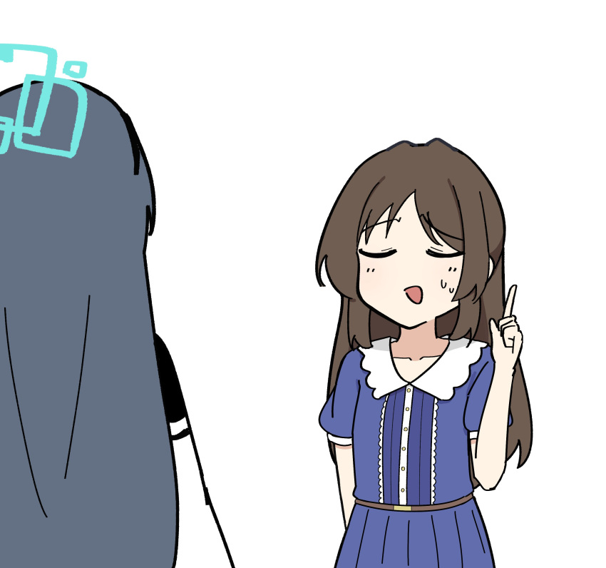 2girls, absurdres, aris_(blue_archive), blue_archive, blue_dress, brown_hair, closed_eyes, crossover