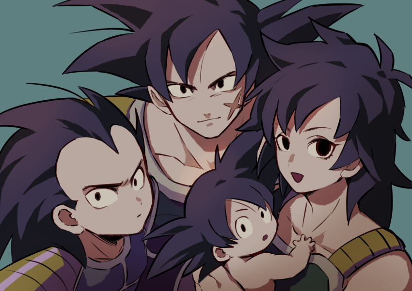 1girl, 3boys, bardock, black_eyes, black_hair, brothers, closed_mouth, dragon_ball