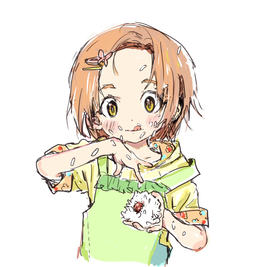 1girl, :q, apron, bad_id, bad_twitter_id, blush, food, food_on_face