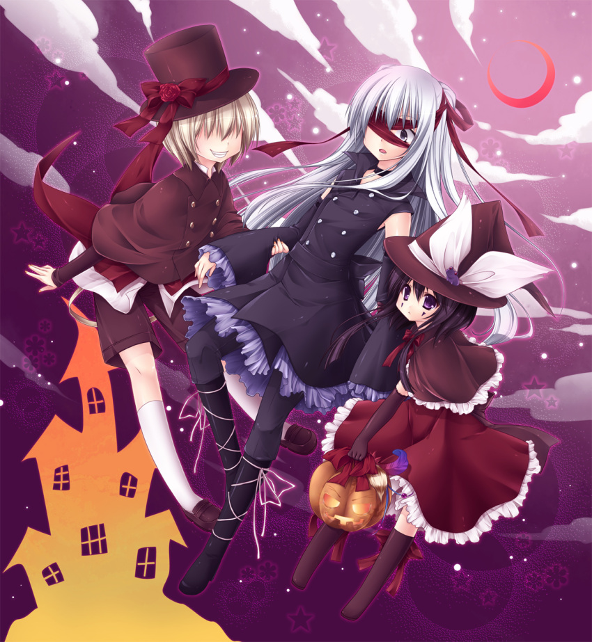 black_hair, blonde_hair, boots, crossdressinging, dress, halloween, hat, highres