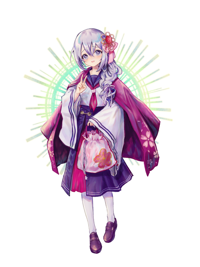 1girl, blue_skirt, dairoku_ryouhei, full_body, grey_hair, hair_ornament, jacket, jacket_on_shoulders