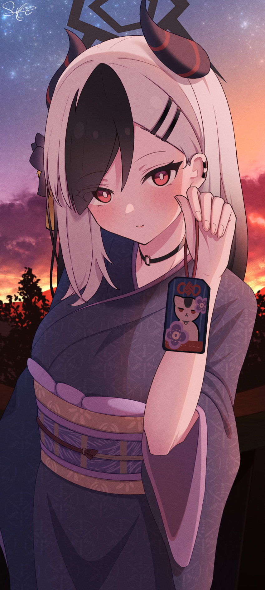 1girl, absurdres, black_choker, black_hair, blue_archive, blurry, choker, demon_girl