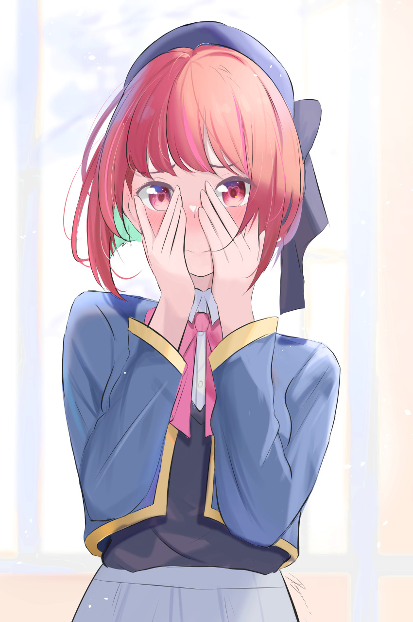 1girl, absurdres, arima_kana, beret, black_ribbon, black_vest, blue_headwear, blue_jacket