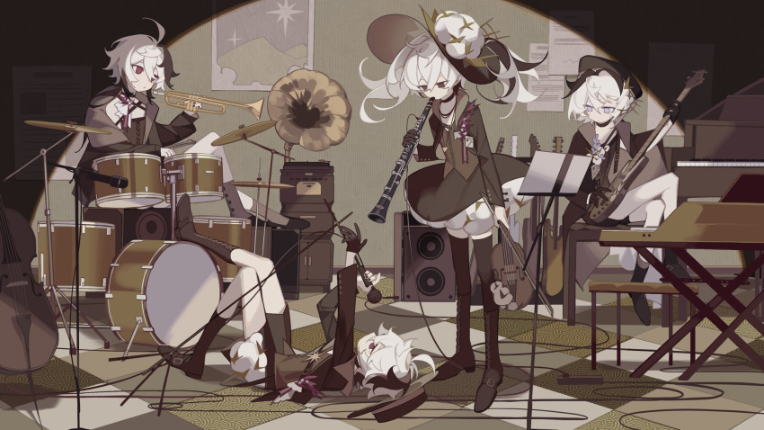 4girls, ahoge, bass_clef, bass_guitar, black_dress, black_gloves, black_hair, black_headwear