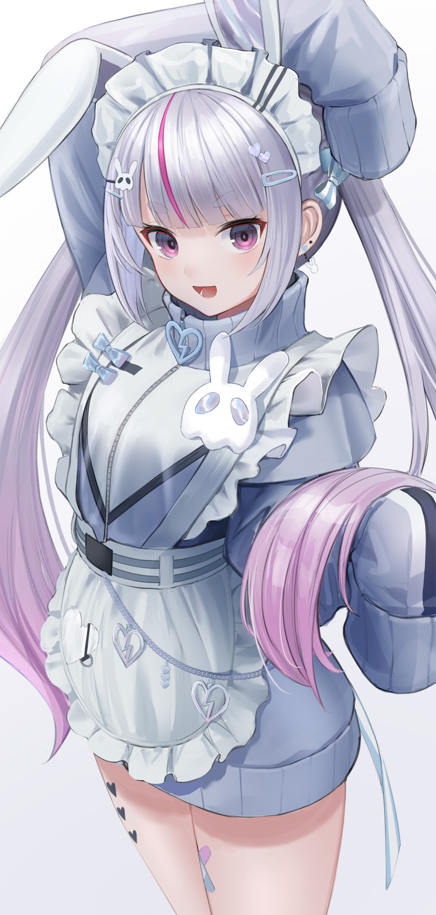 1girl, :d, absurdres, animal_ears, apron, arm_up, blunt_bangs, commentary_request