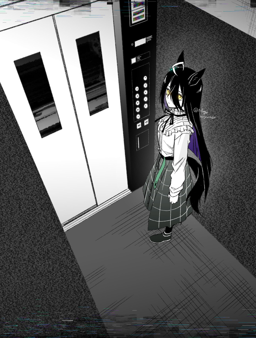 1girl, ahoge, animal_ears, belt, black_hair, blunt_ends, bun_no_nagi, clenched_hand, closed_mouth, colored_inner_hair, commentary, elevator, empty_eyes, english_commentary, expressionless, fake_video, from_above, full_body, glitch, green_belt, hair_between_eyes, highres, horse_ears, horse_girl, horse_tail, long_bangs, long_hair, long_skirt, long_sleeves, looking_at_viewer, looking_back, looking_up, manhattan_cafe_(umamusume), multicolored_hair, neck_ribbon, partially_colored, plaid, plaid_skirt, purple_hair, ribbed_shirt, ribbon, shirt, shirt_tucked_in, shoes, skirt, solo, standing, streaked_hair, tail, twitter_username, umamusume, white_hair, yellow_eyes